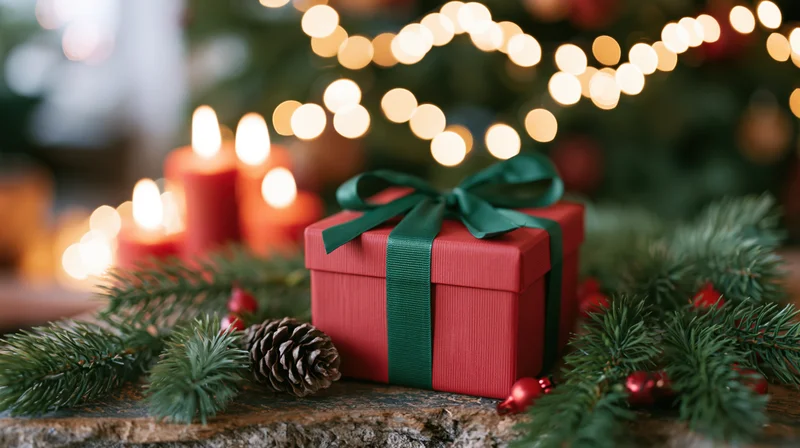 Red gift box with green ribbon on rustic wooden surface surrounded by pine branches, pinecones, candles and blurred holiday lights
