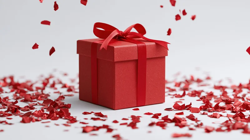 Red gift box with ribbon and bow surrounded by falling confetti on white background