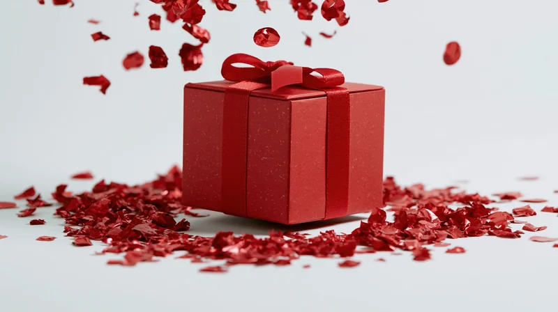 Red gift box wrapped in ribbon with bow surrounded by falling confetti on white surface