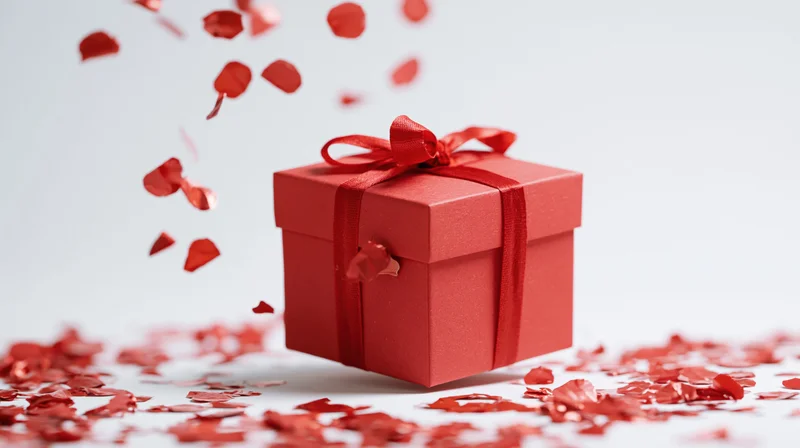 Red gift box with ribbon and bow surrounded by falling red confetti on white surface