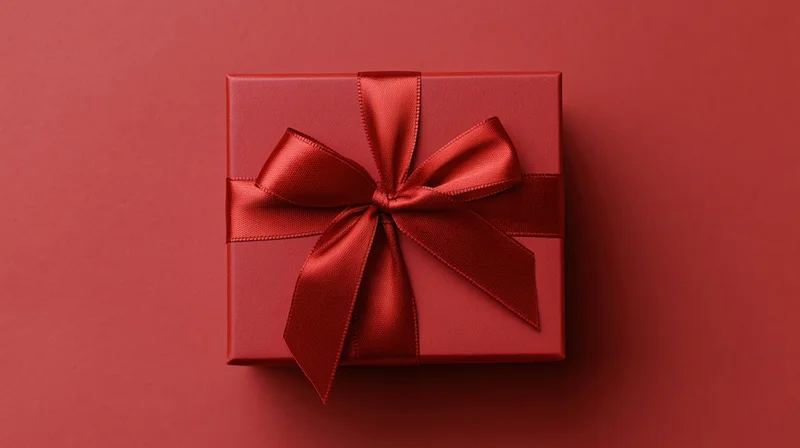 Red gift box with satin ribbon bow centered on red background