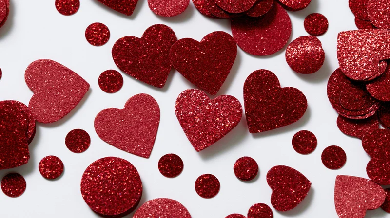 Red glitter hearts and circle confetti scattered on white background