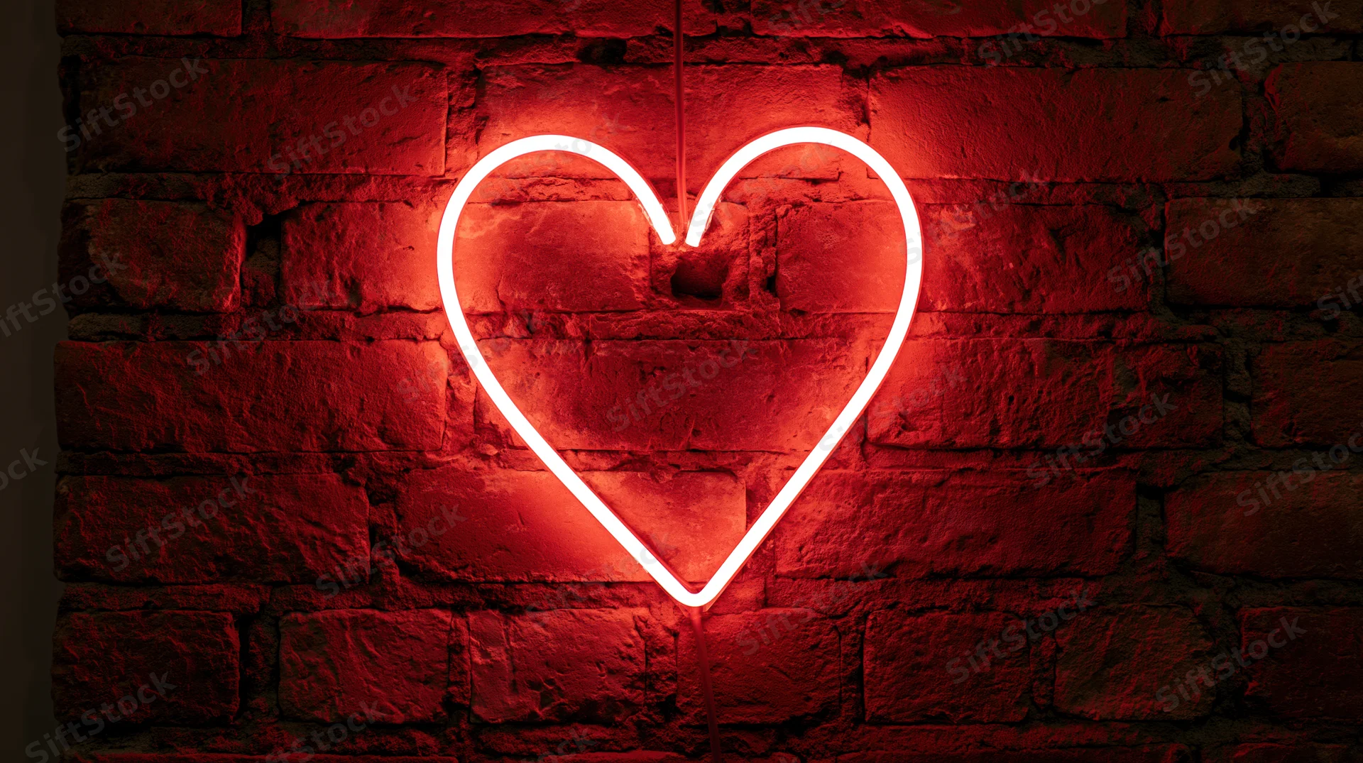 Red neon heart sign glowing on a dark brick wall
