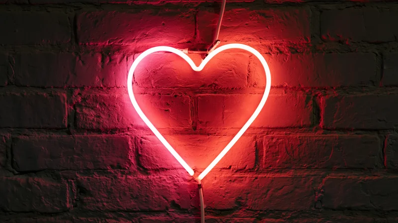 Red neon heart sign glowing on dark brick wall