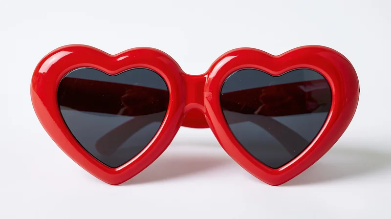 Red heart-shaped novelty sunglasses lying flat on white surface