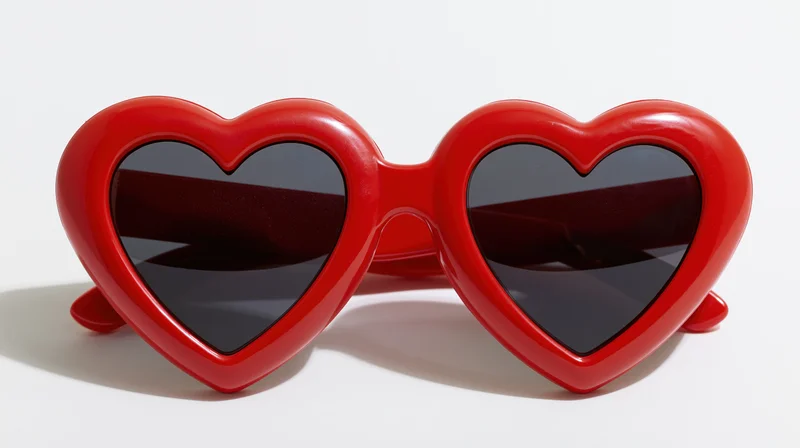 Red heart-shaped novelty sunglasses lying flat on white surface