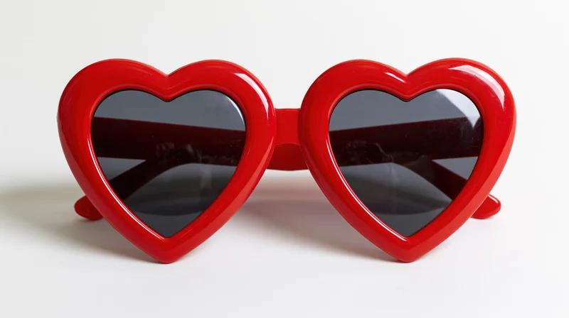 Red heart-shaped novelty sunglasses lying flat on white surface