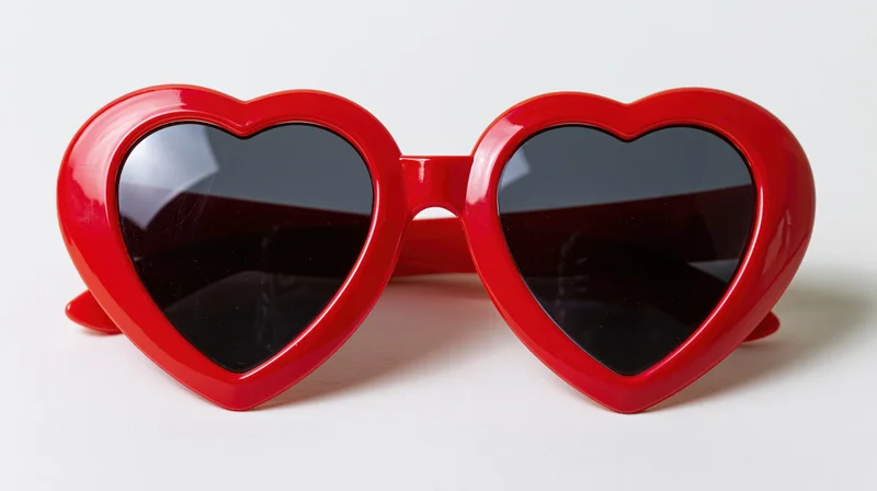 Red heart-shaped novelty sunglasses lying flat on white surface