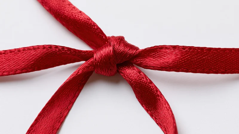 Red satin ribbon tied in symmetrical bow centered horizontally on white background