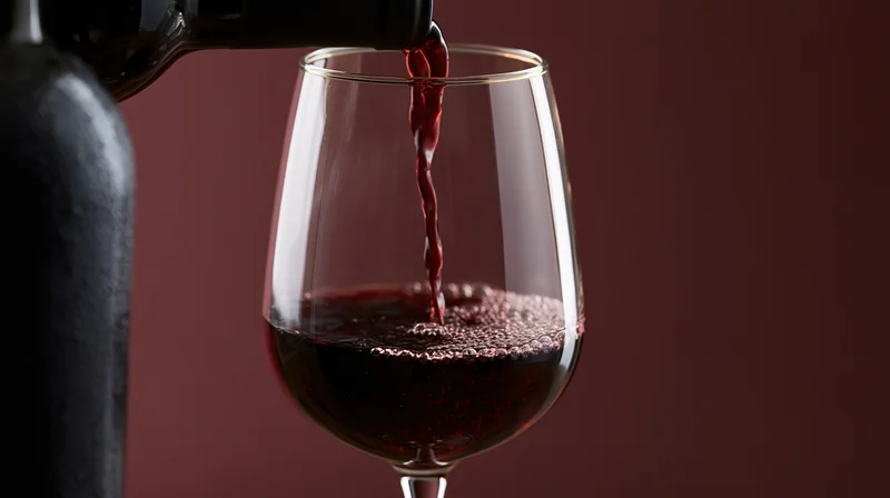 Red wine being poured from a dark bottle into a clear stemless glass against a deep maroon background