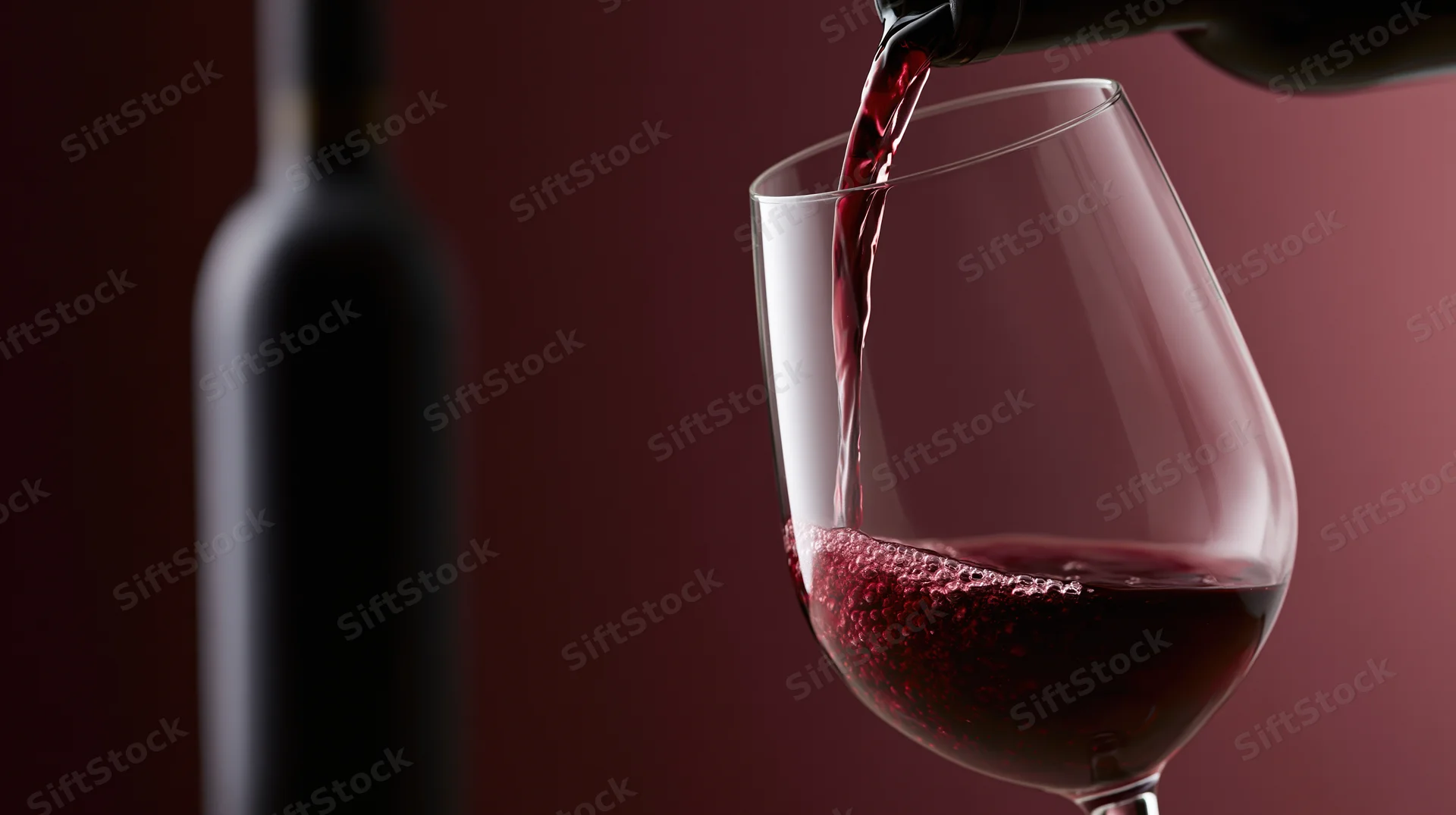 Red wine being poured from a dark bottle into a clear stemless glass against a deep maroon background