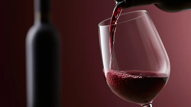 Red wine being poured from a dark bottle into a clear stemless glass against a deep maroon background
