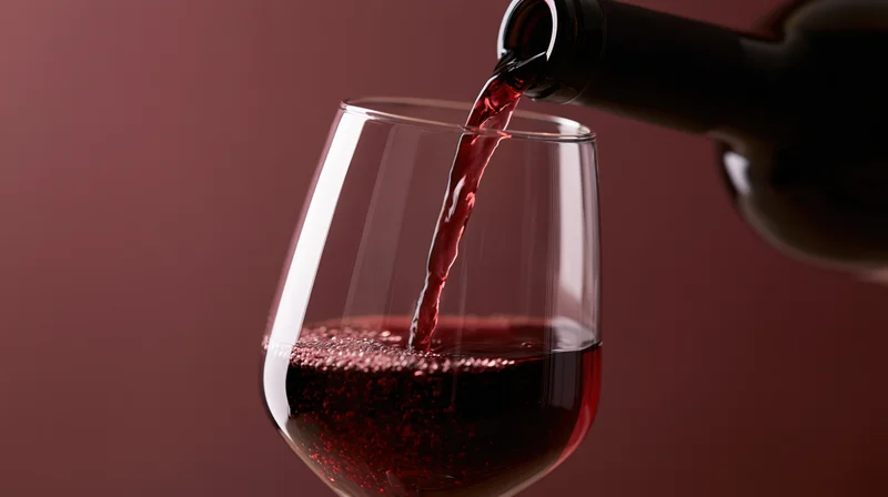 Red wine being poured from a dark bottle into a clear stemless glass against a maroon background