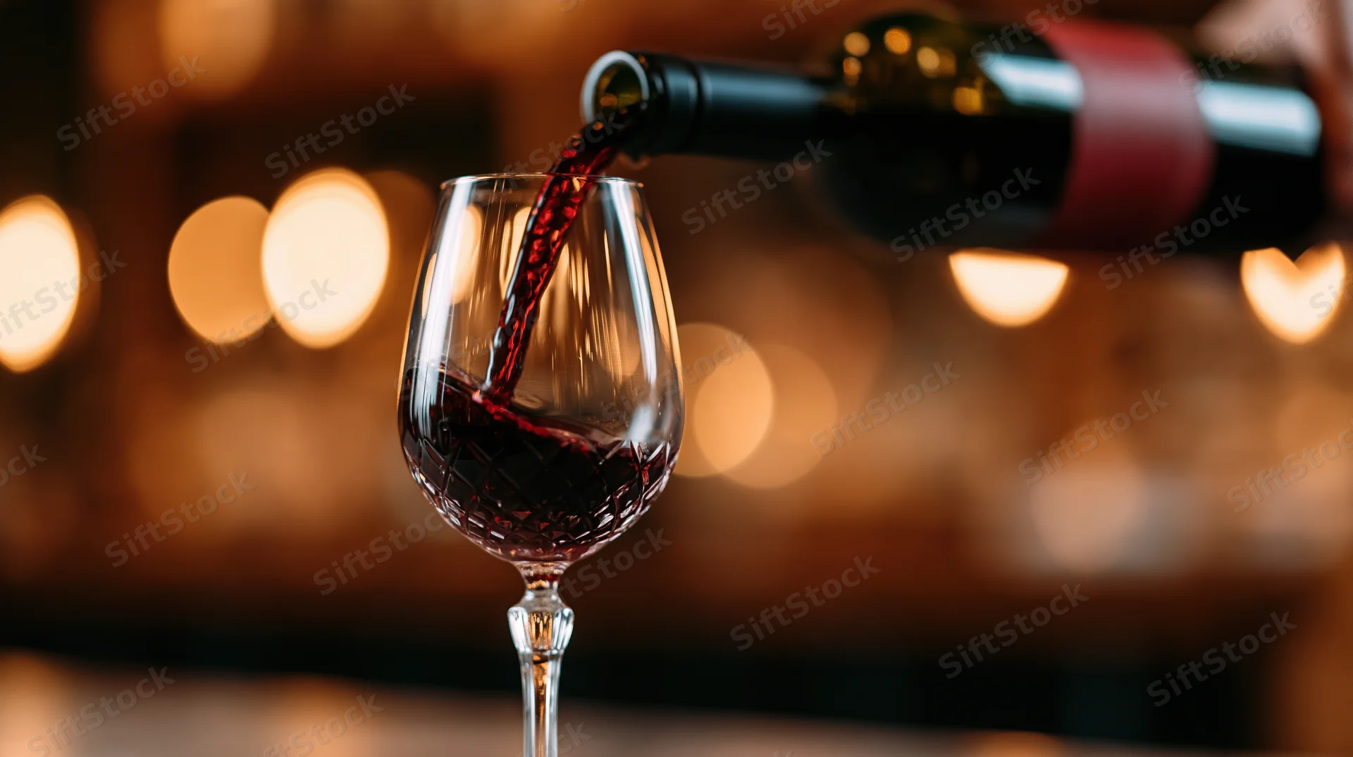Red wine being poured from a dark green bottle into a crystal glass at a dimly lit bar