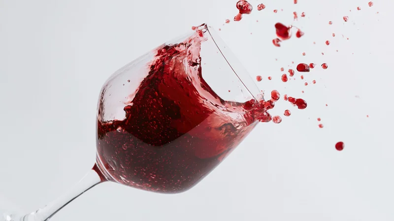 Red wine splashing dynamically in a tilted crystal wine glass against white background