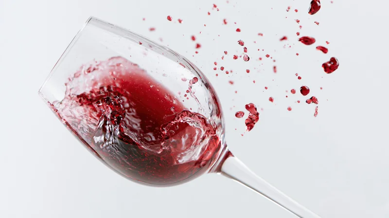 Red wine splashing dynamically inside a tilted crystal wine glass against white background