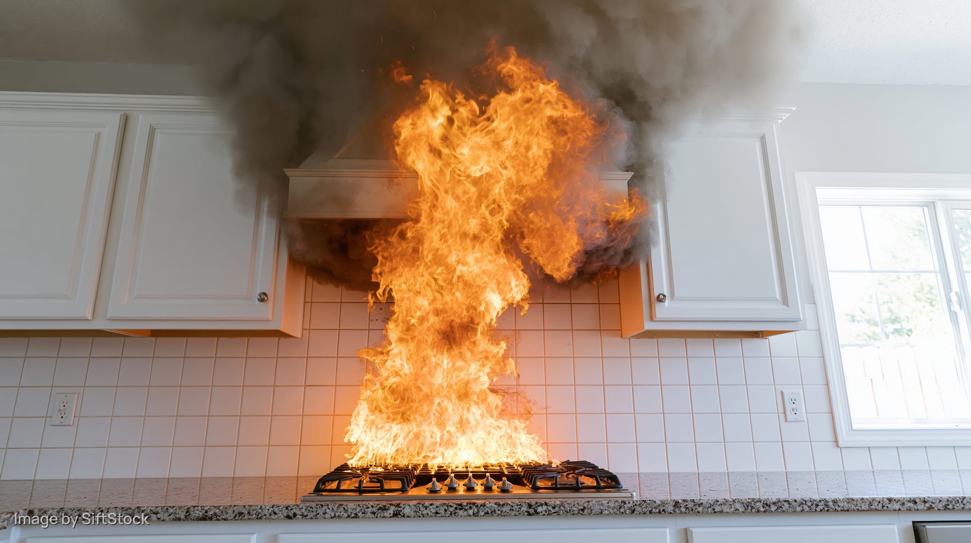 Large fire erupting from gas stove in residential kitchen
