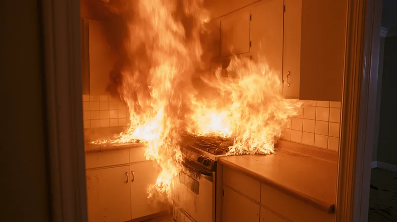 Large fire engulfing kitchen stove and countertops viewed through doorway