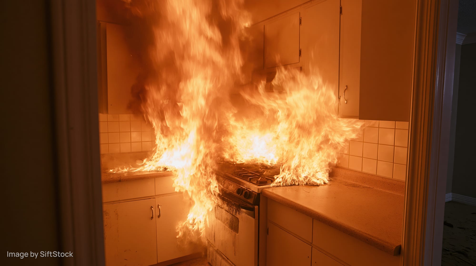 Large fire engulfing kitchen stove and countertops viewed through doorway