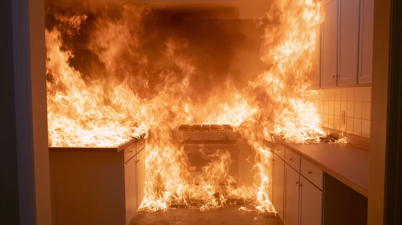 Kitchen engulfed in flames with cabinets and stove burning inside home