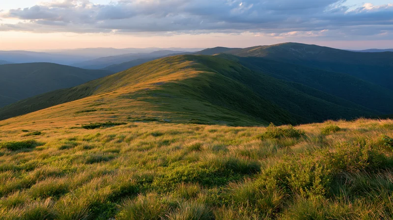 Rolling green mountain ridges under a dramatic partly cloudy sky at sunset