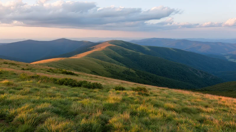 Rolling green mountain ridges under a partly cloudy sky at sunset