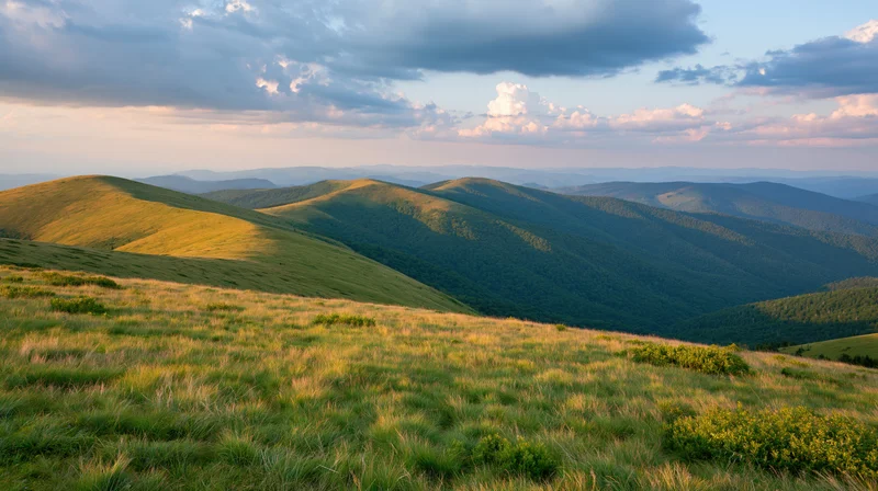Rolling green mountain ridges under a dramatic partly cloudy sky at sunset