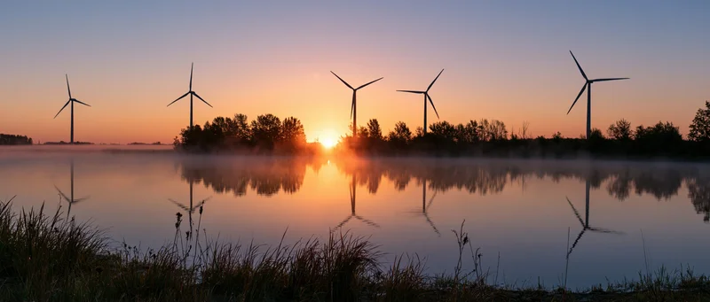 Row of wind turbines silhouetted against a sunrise reflected in calm water