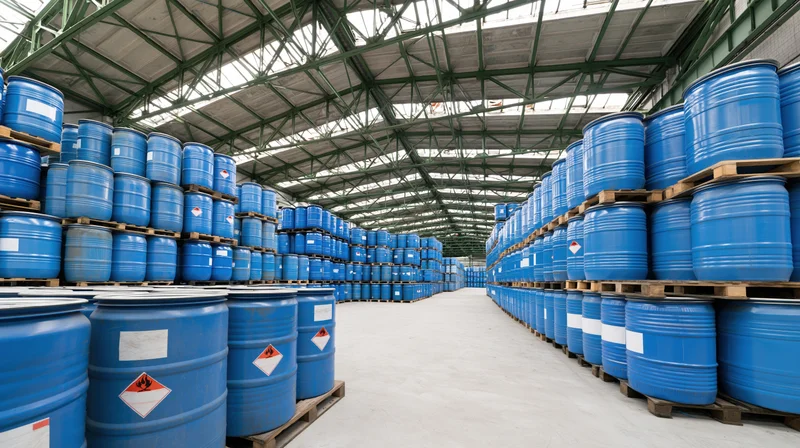 Rows of blue steel chemical drums stacked on wooden pallets in a warehouse aisle