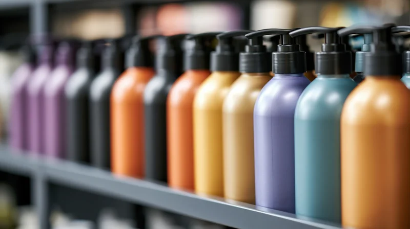 Rows of colorful hair care pump bottles arranged on a dark grey retail shelf
