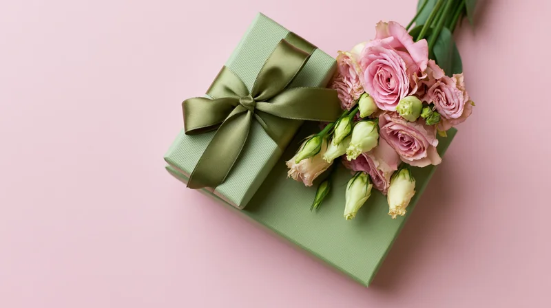 Sage green gift box with satin ribbon bow beside a bouquet of pink roses on a pastel pink surface