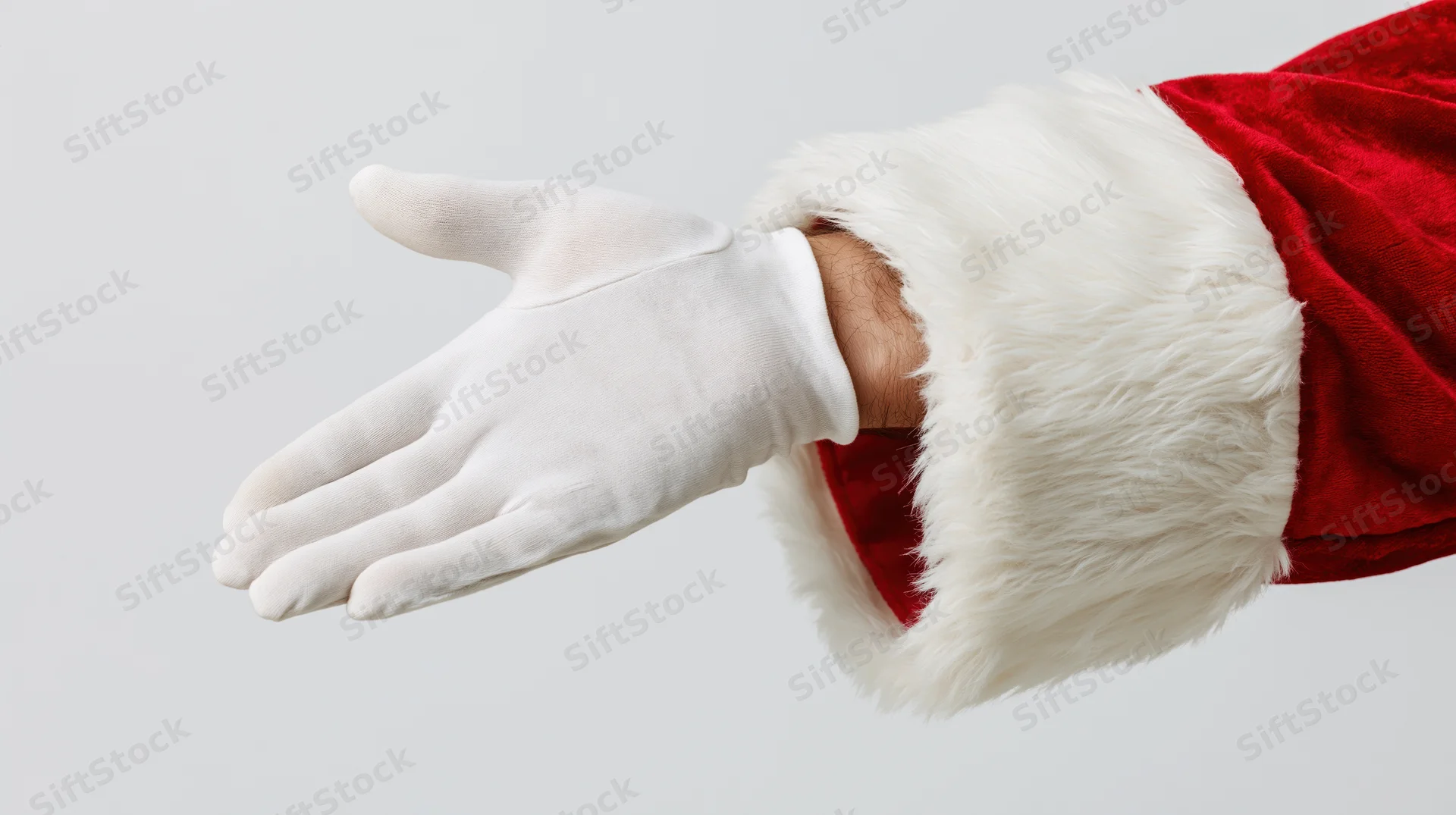 Santa's gloved hand extended palm down against white background