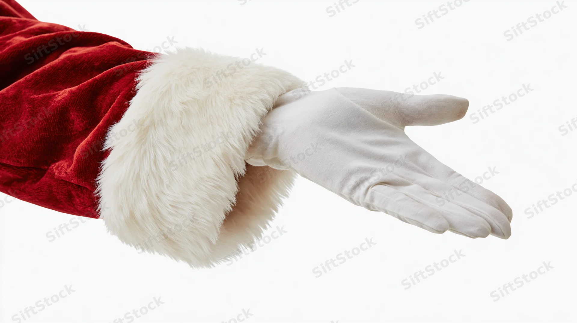 Santa's gloved hand extended palm down in red velvet sleeve with white fur trim