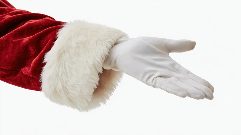 Santa's gloved hand extended palm down in red velvet sleeve with white fur trim