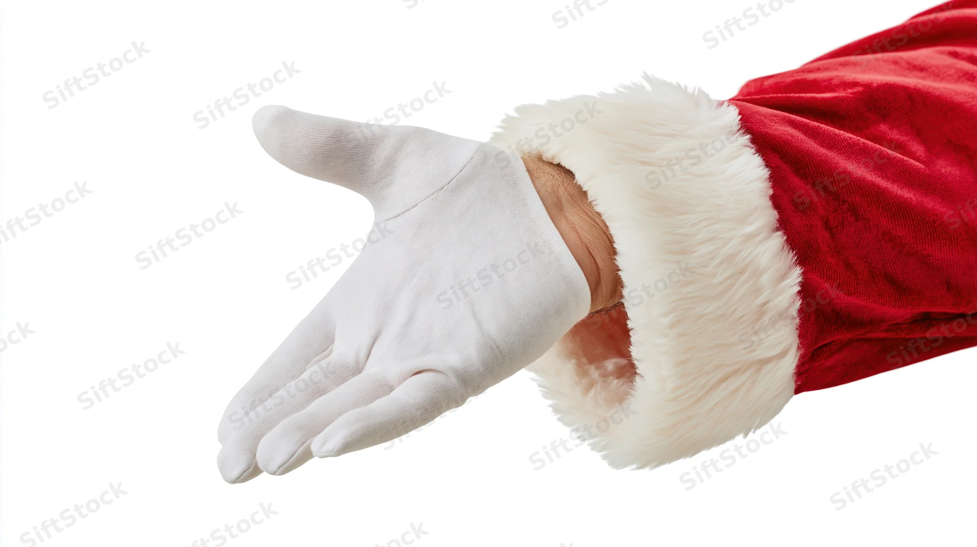 Santa's gloved hand extended palm down in red suit with white fur trim on white background
