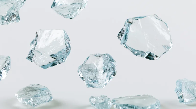 Broken glass shards floating in midair against a white background