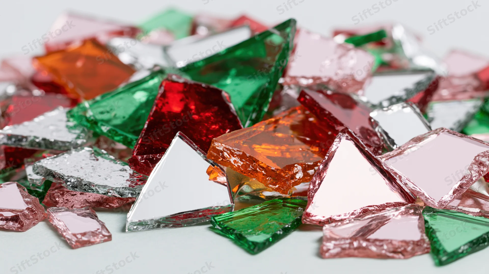 Scattered colored mirror and acrylic glass fragments on a white surface