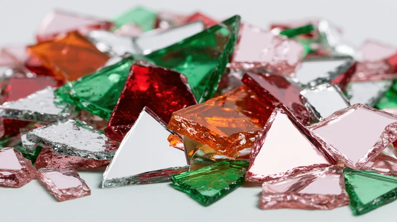 Scattered colored mirror and acrylic glass fragments on a white surface