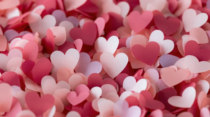Scattered paper hearts in shades of pink and red overlapping across the frame