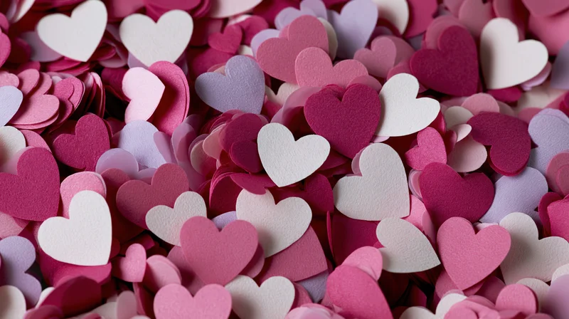 Scattered paper hearts in pink and white tones filling the frame as decorative confetti