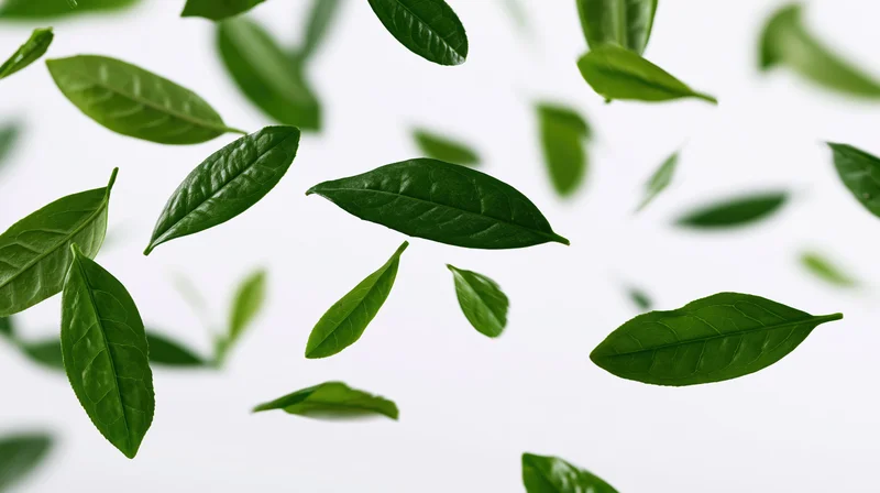 Green tea leaves floating in midair against a white background