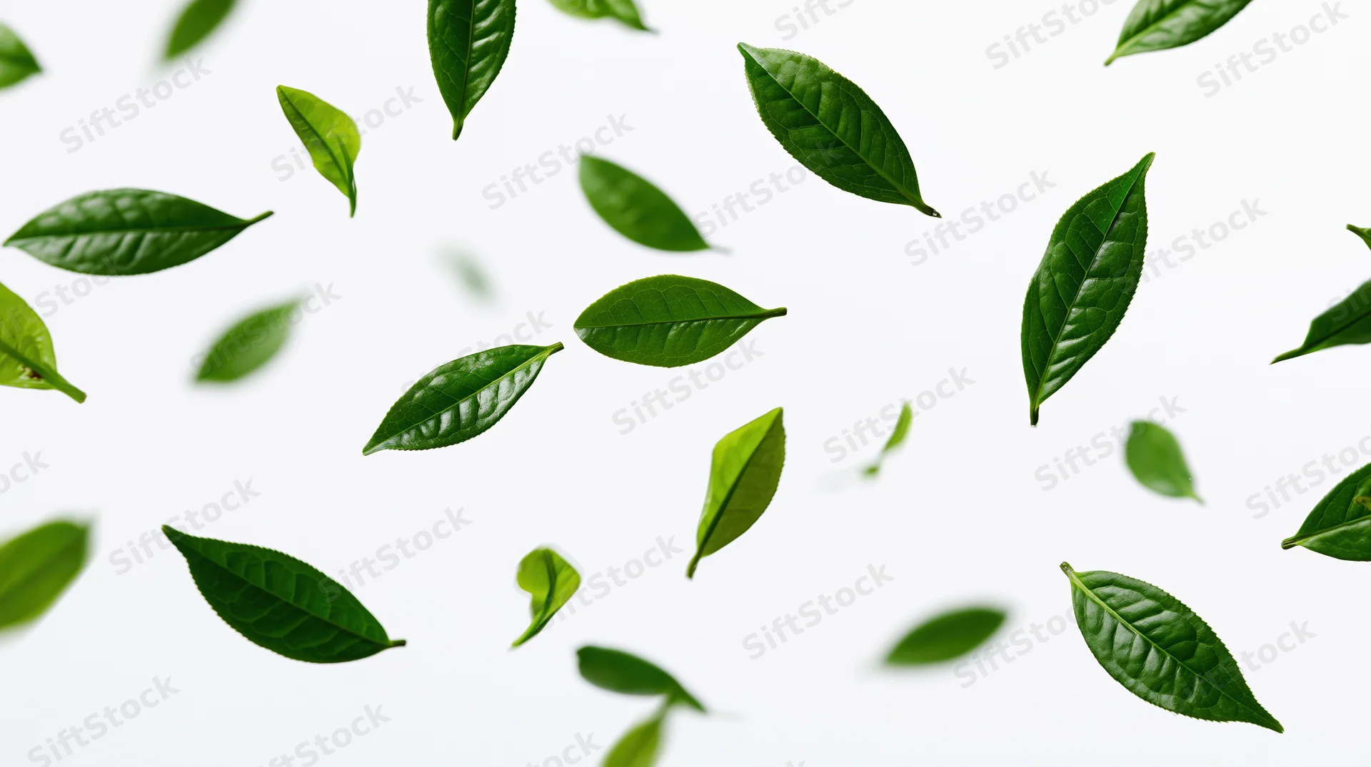 Green tea leaves floating in midair against a white background