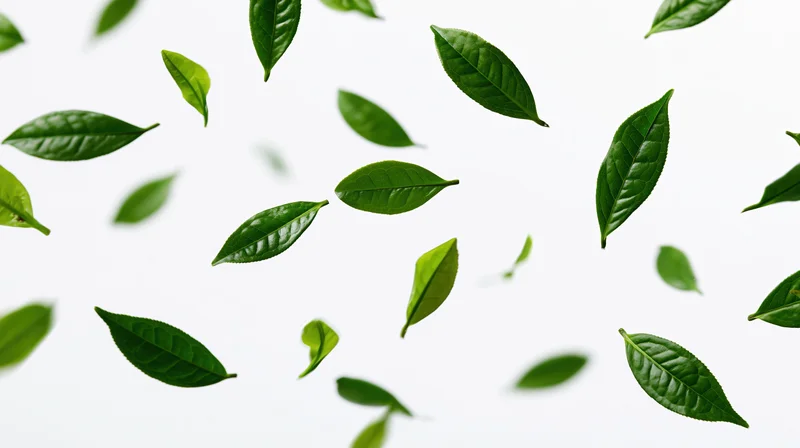 Green tea leaves floating in midair against a white background