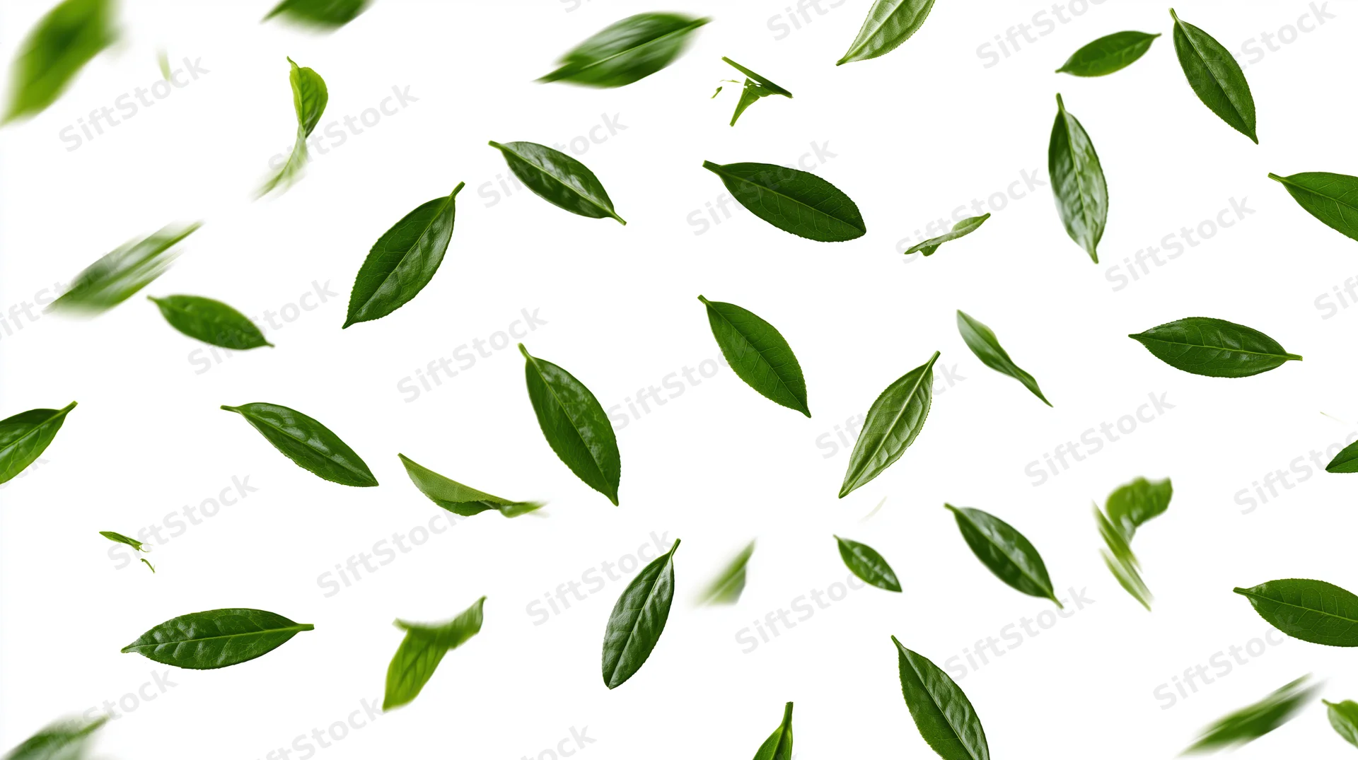Green tea leaves floating and spinning in midair against white background