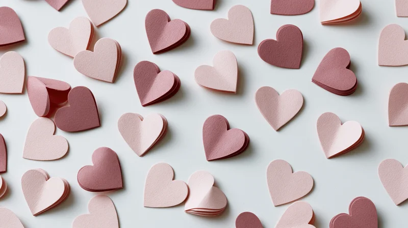 Scattered pink paper heart cutouts arranged randomly on white surface