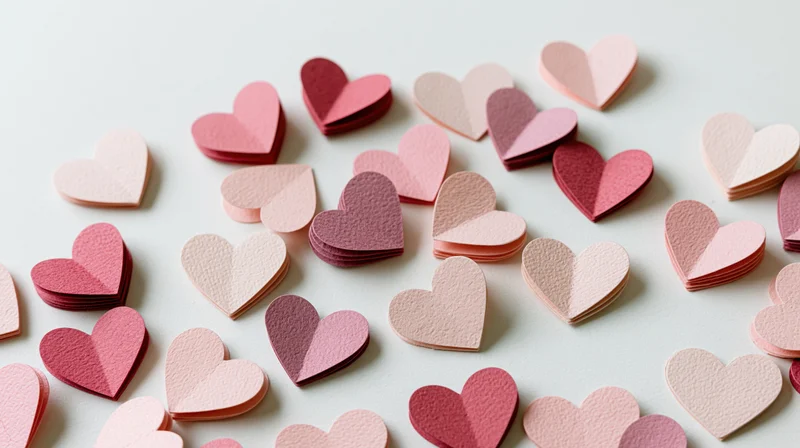 Scattered pink paper heart cutouts arranged randomly on a white surface