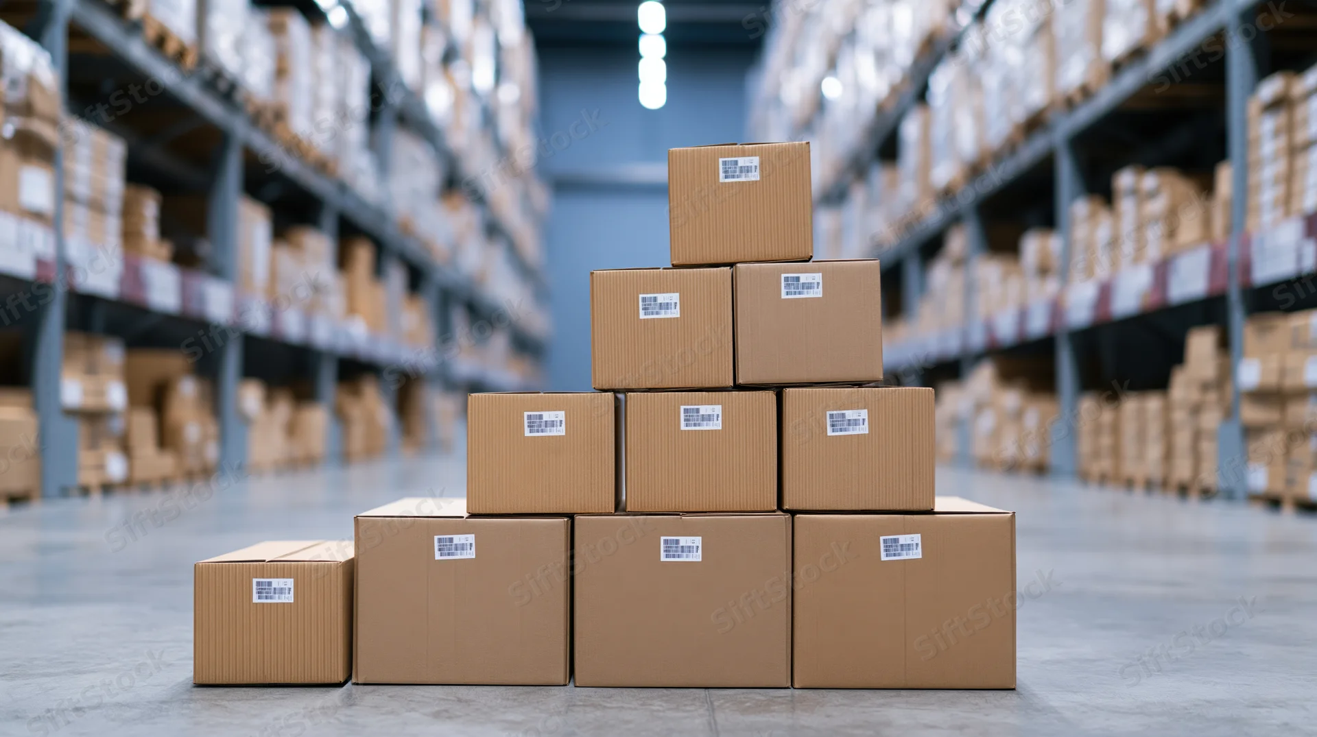 Cardboard boxes stacked in staircase pattern in warehouse aisle