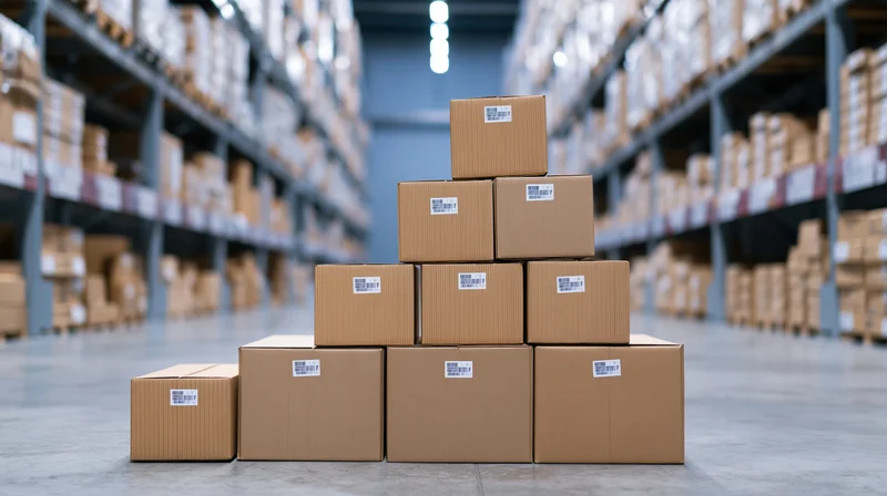 Cardboard boxes stacked in staircase pattern in warehouse aisle