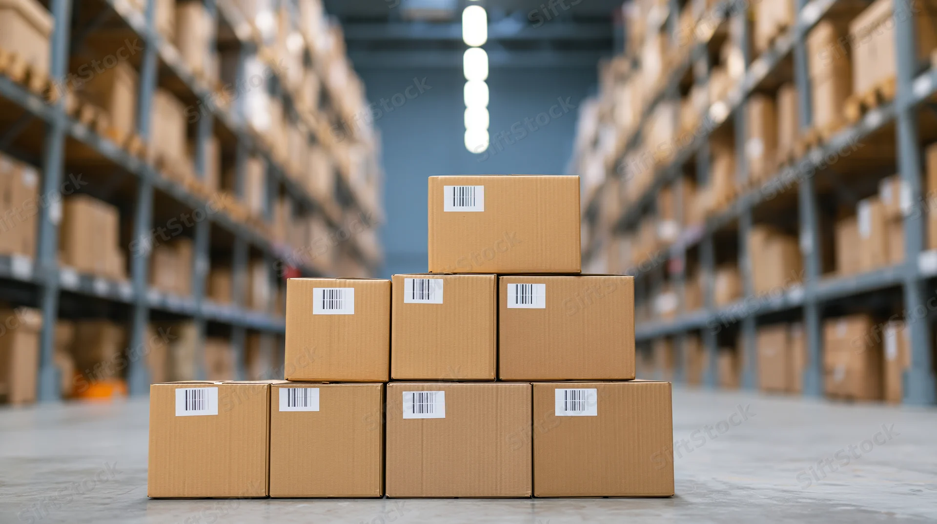 Cardboard boxes stacked in pyramid formation in warehouse aisle