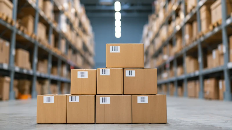 Cardboard boxes stacked in pyramid formation in warehouse aisle